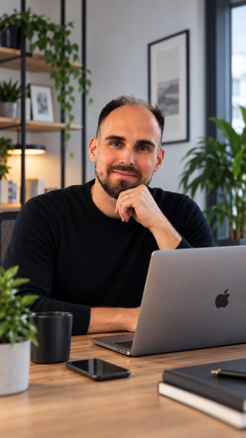 Michał Dutkowski przy laptopie w nowoczesnym biurze